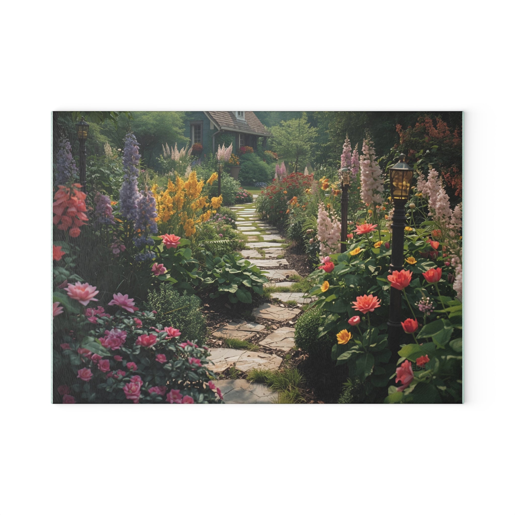 Garden Path Glass Cutting Board, Floral Kitchen Decor, Wedding Gift, Home Chef Essential, Unique Housewarming Gift