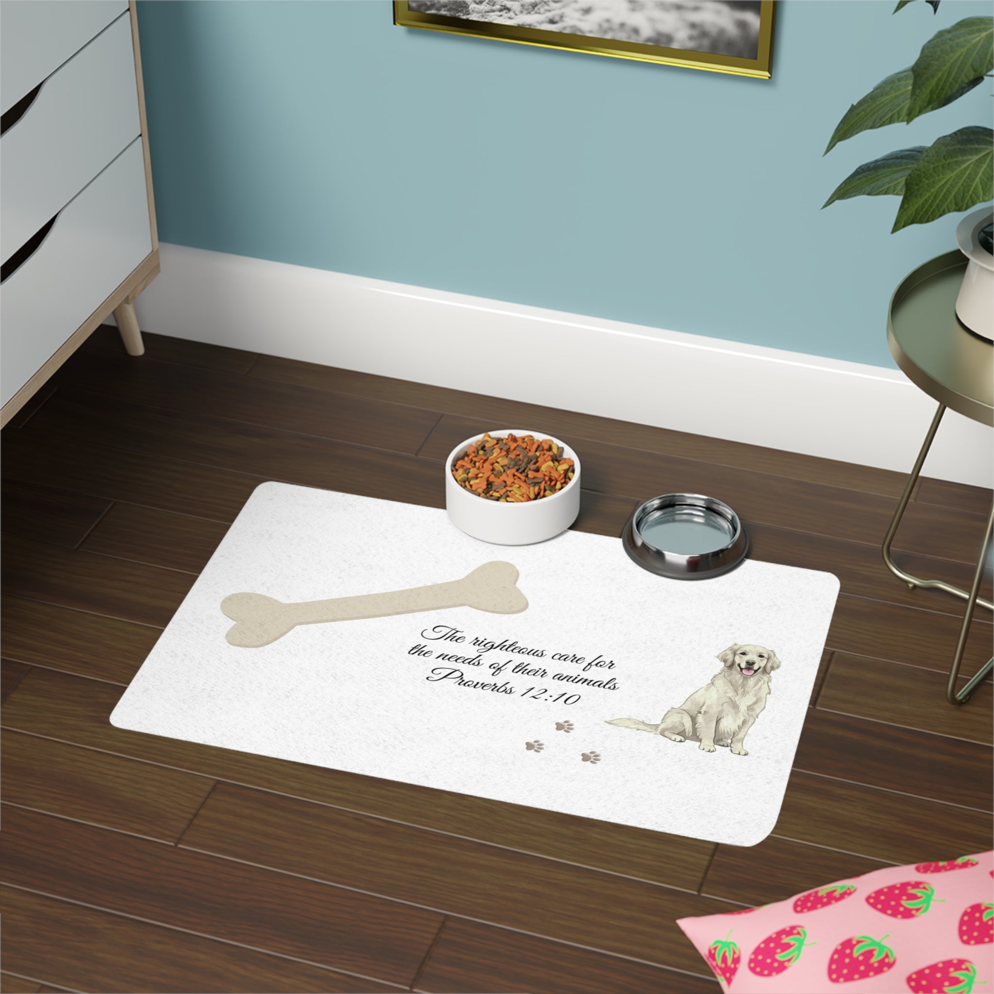 Dog Food Mat (12x18) — Bone & Labrador Design with Proverbs 12:10