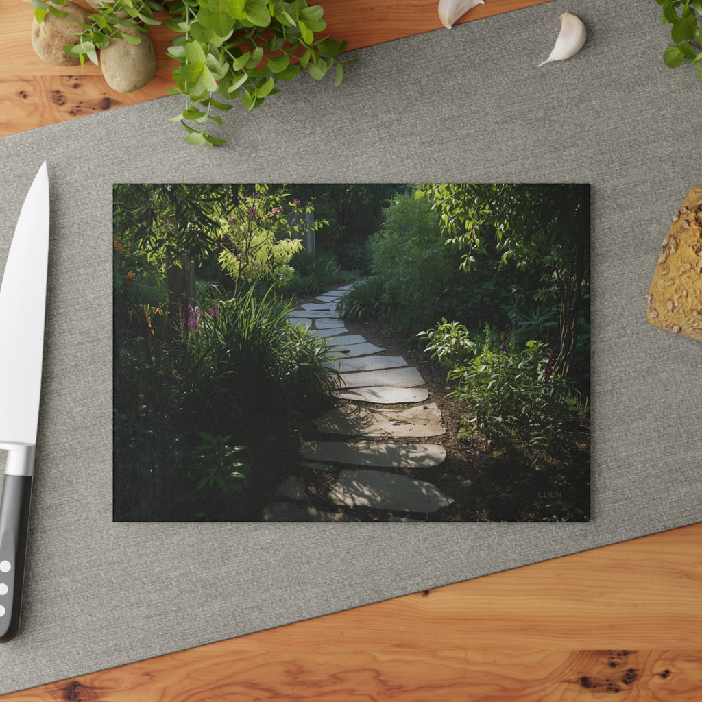 Elegant Garden Path Glass Cutting Board, Kitchen Decor, Gift for Garden Lovers, Housewarming Present, Unique Kitchenware