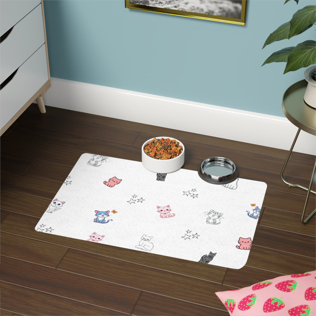 Cute Cat Pattern Pet Food Mat (12x18) — Non-Slip Feeding Placemat for Cats & Small Dogs