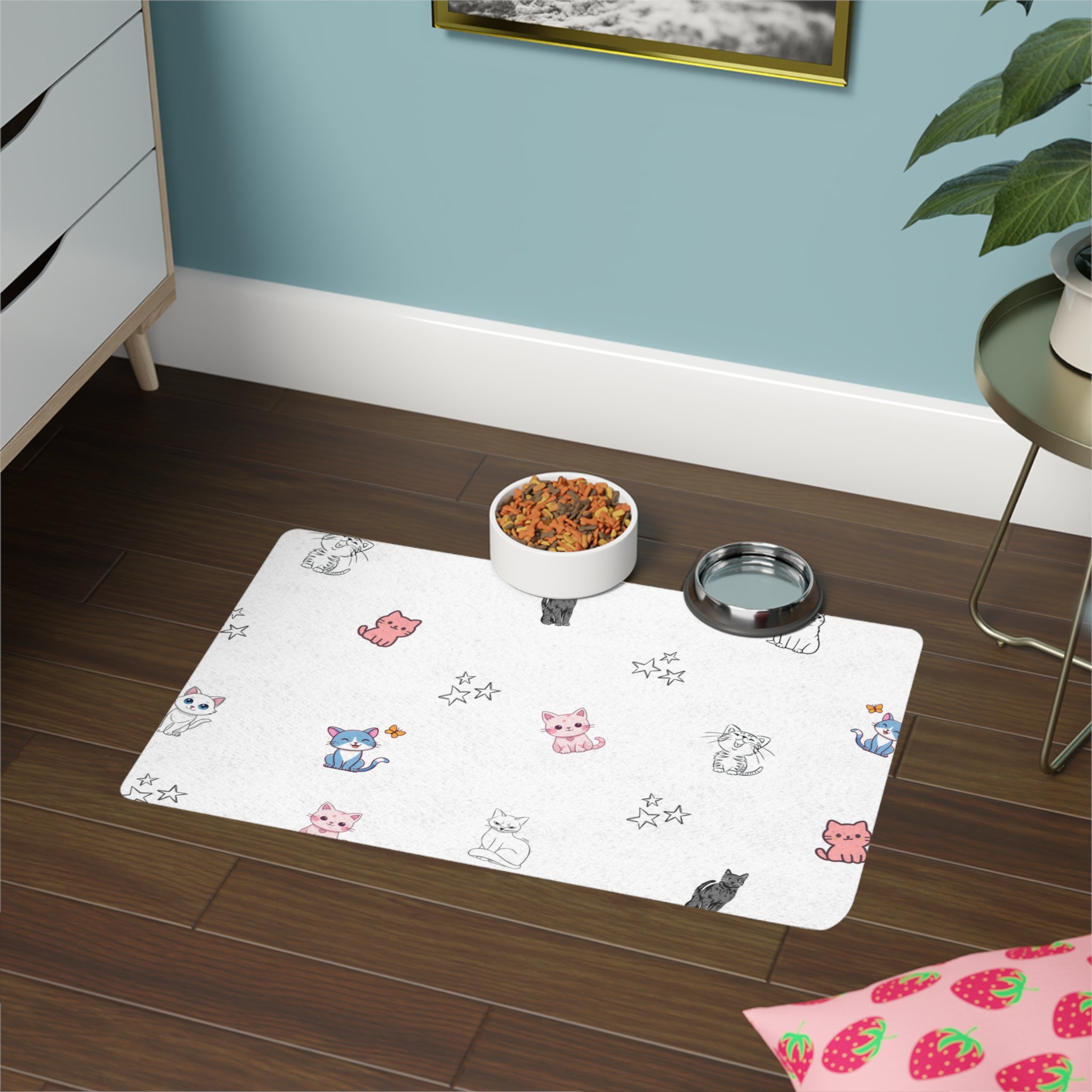 Cute Cat Pattern Pet Food Mat (12x18) — Non-Slip Feeding Placemat for Cats & Small Dogs