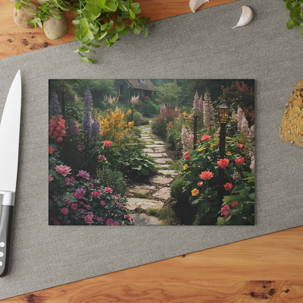 Garden Path Glass Cutting Board, Floral Kitchen Decor, Wedding Gift, Home Chef Essential, Unique Housewarming Gift