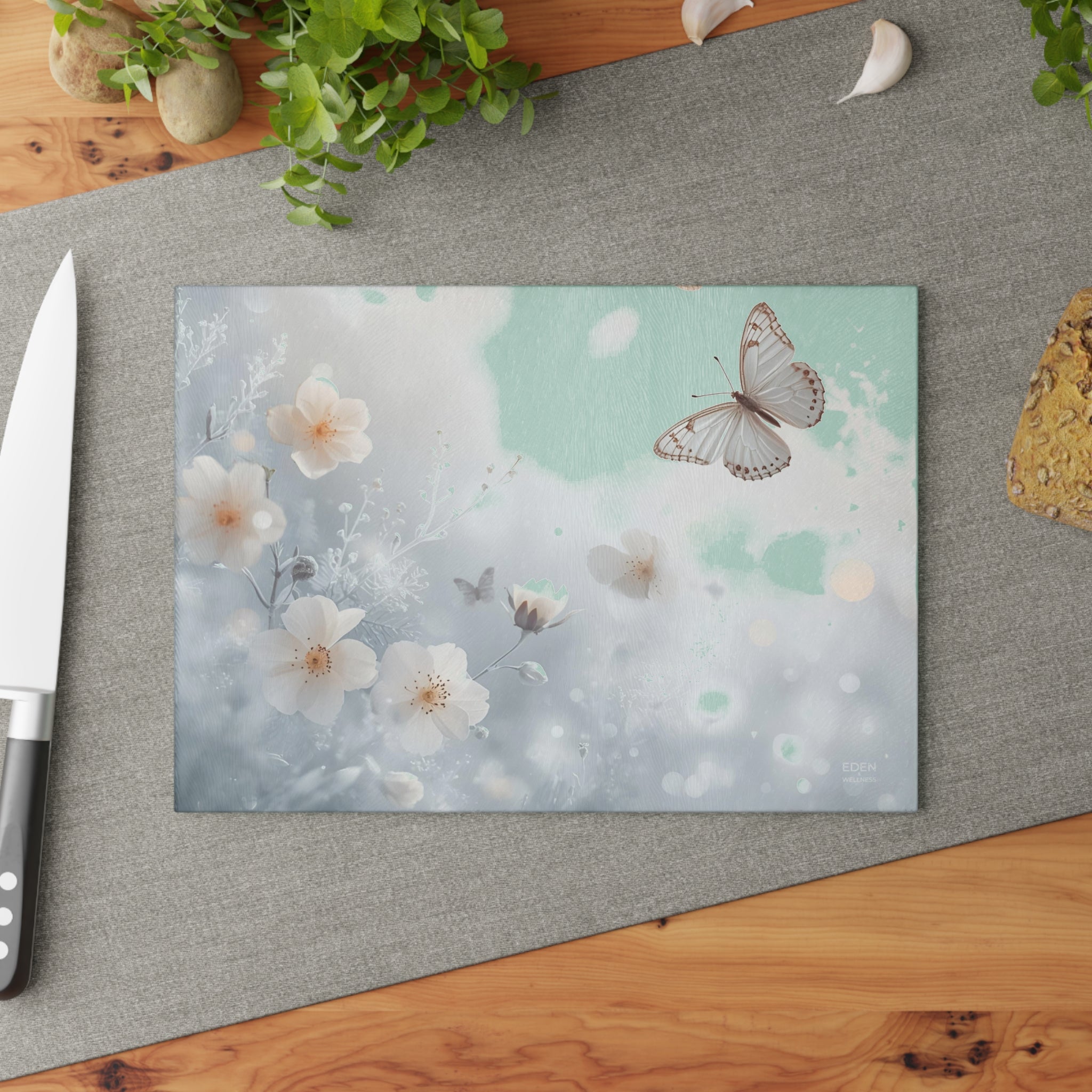 Elegant Floral & Butterfly Glass Cutting Board | Beautiful Kitchen Decor, Unique Gift for Bakers, Housewarming, Wedding, or Mother’s Day