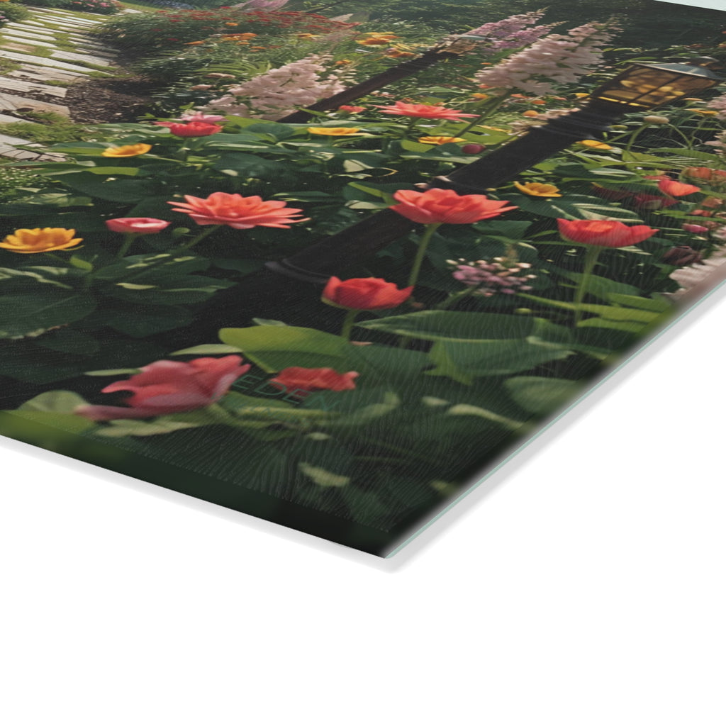 Garden Path Glass Cutting Board, Floral Kitchen Decor, Wedding Gift, Home Chef Essential, Unique Housewarming Gift