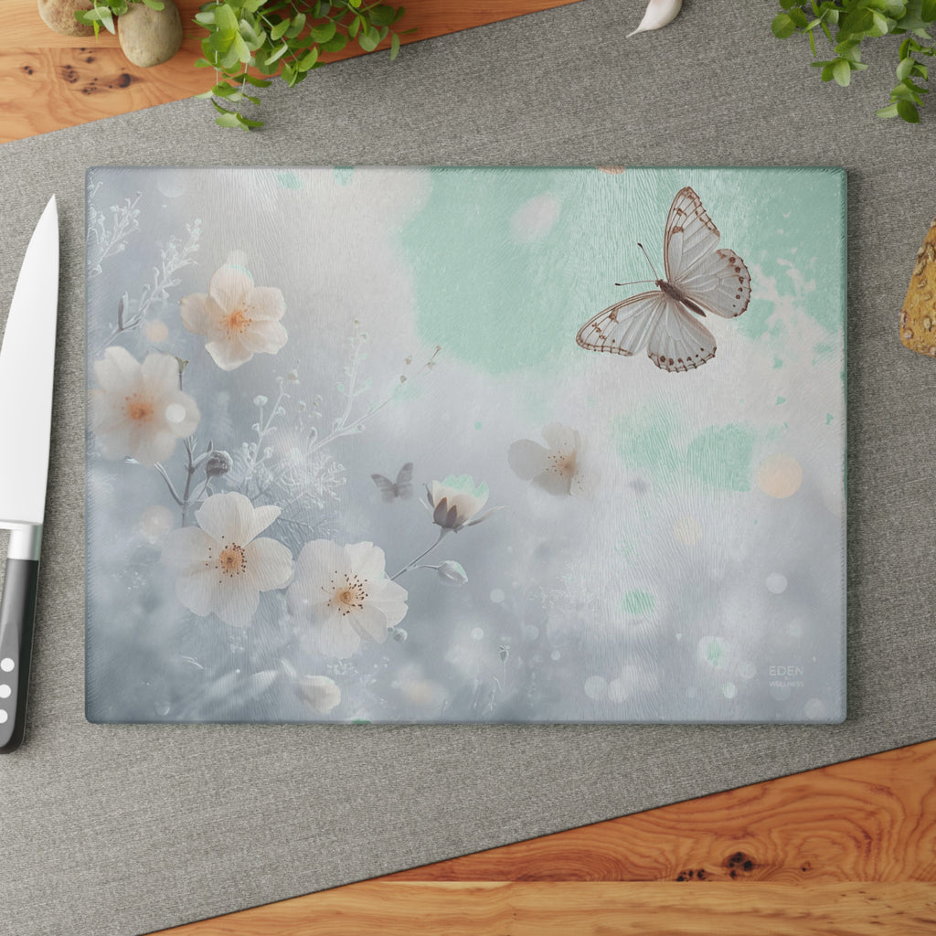 Elegant Floral & Butterfly Glass Cutting Board | Beautiful Kitchen Decor, Unique Gift for Bakers, Housewarming, Wedding, or Mother’s Day