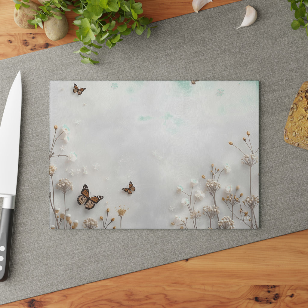 Butterfly Garden Glass Cutting Board, Kitchen Decor, Chic Gift for Home Chefs, Elegant Serving Tray, Modern Cooking Essentials