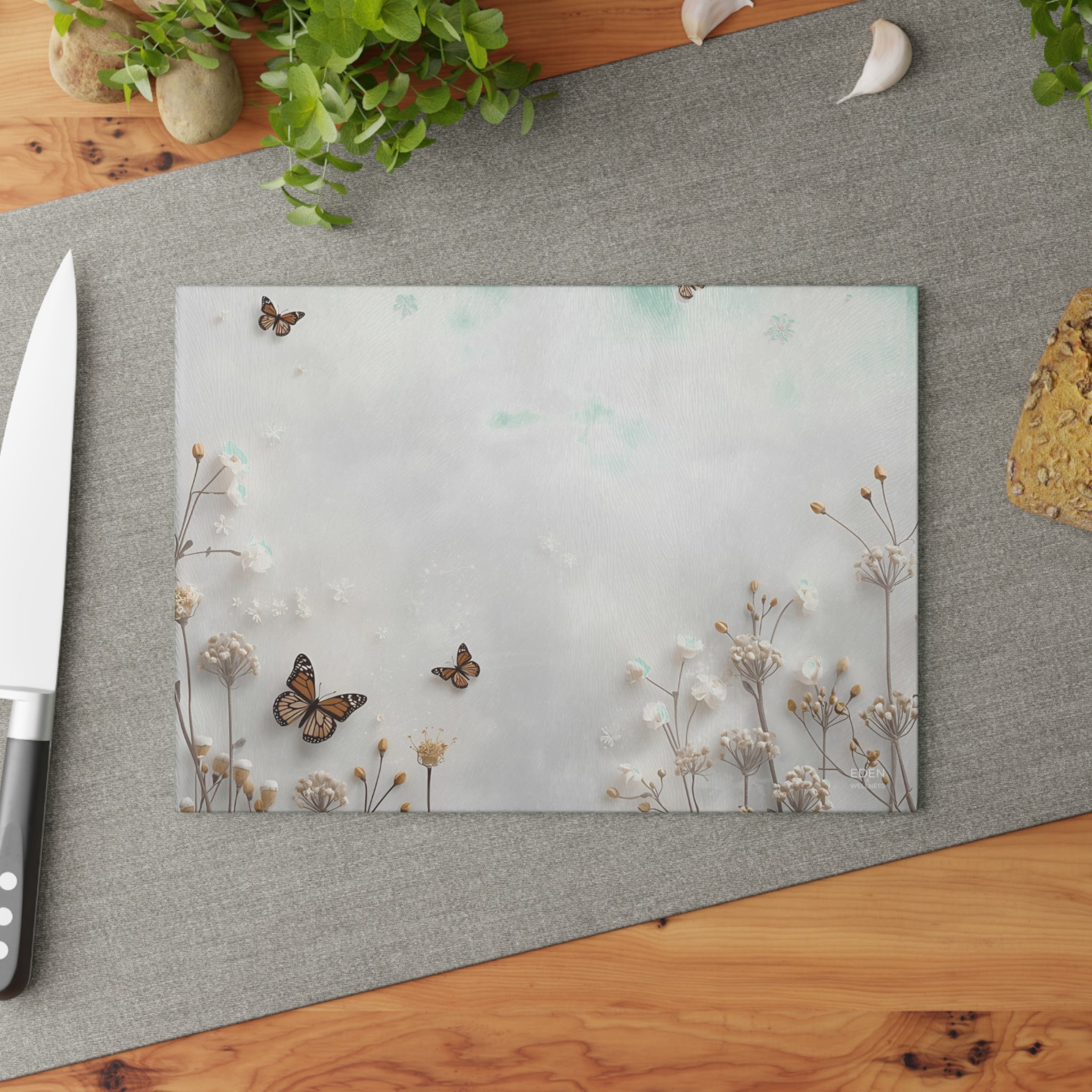 Butterfly Garden Glass Cutting Board, Kitchen Decor, Chic Gift for Home Chefs, Elegant Serving Tray, Modern Cooking Essentials