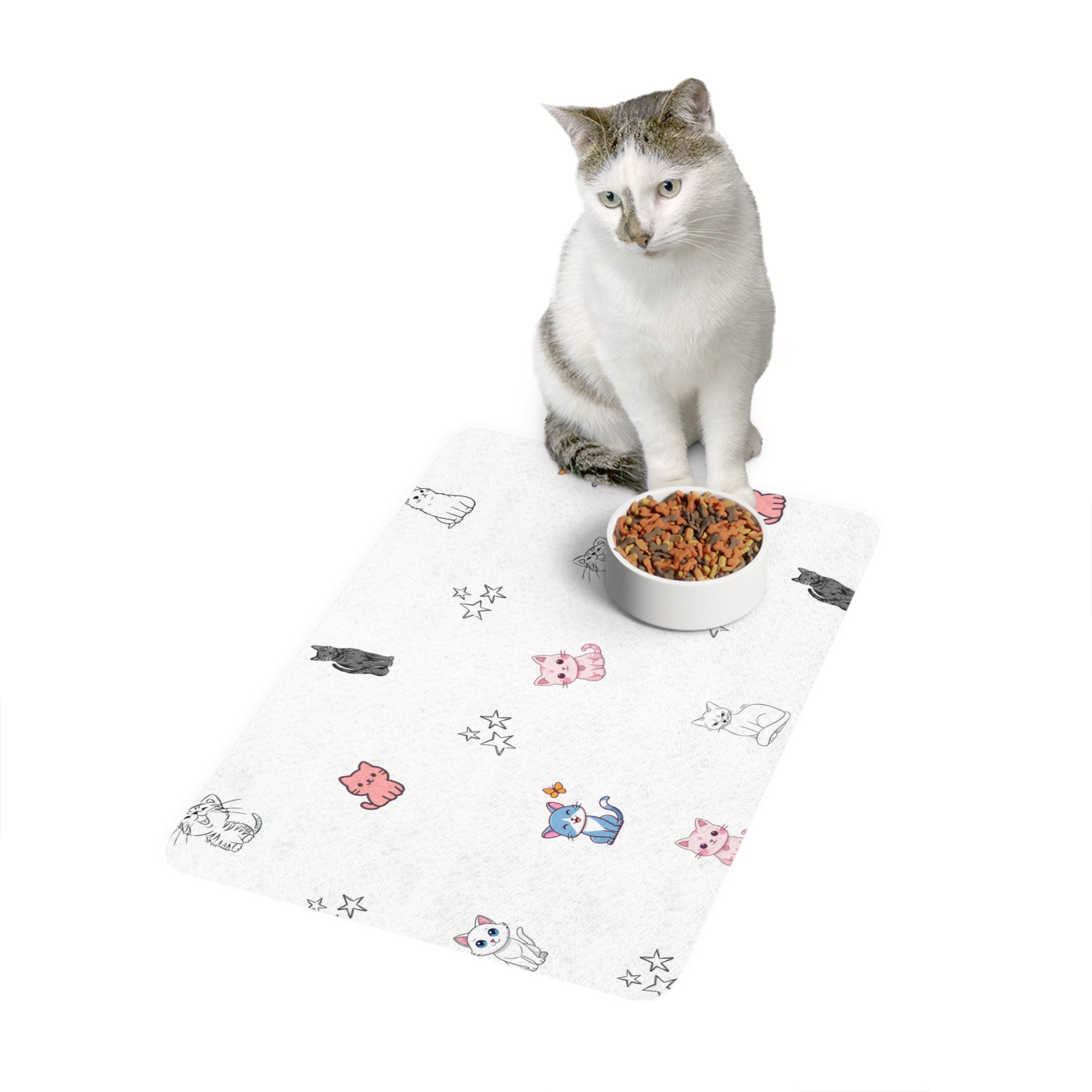 Cute Cat Pattern Pet Food Mat (12x18) — Non-Slip Feeding Placemat for Cats & Small Dogs